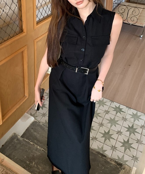 AMAJI(アマジ)の「ノースリーブ ロングワンピース(ベルト付き)(ワンピース・レディース・ベージュ/ブラック・SMALL/MEDIUM/LARGE)」の3枚目の写真