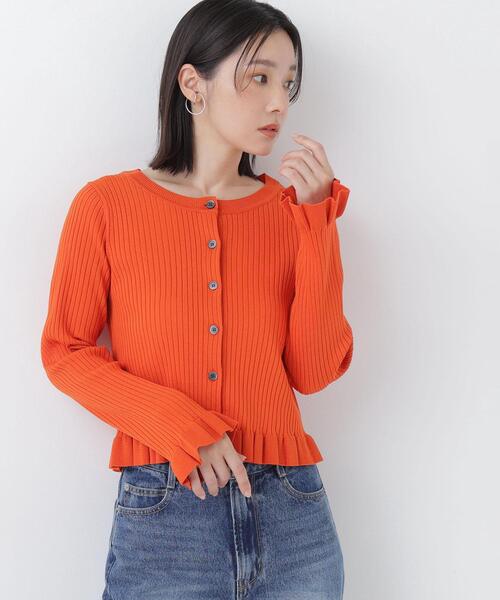 NATURAL BEAUTY BASIC（ナチュラルビューティーベーシック）の「フリルトリムカーデ（ニット/セーター・レディース・ブラック/ライトグリーン/オフホワイト/オレンジ・ﾌﾘ-）」の6枚目の写真
