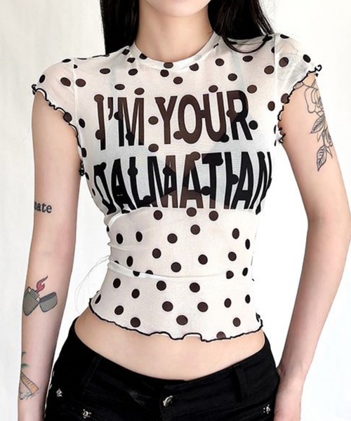 gossip!ロサンゼルス(ゴシップロサンゼルス)の「「Y2Kガーリー」 シアー ドット柄 チュール 半袖(Tシャツ/カットソー・レディース・ドット/ブラック・M)」の5枚目の写真