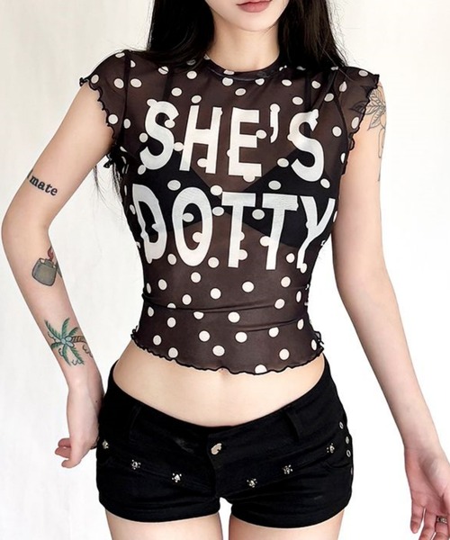 gossip!ロサンゼルス(ゴシップロサンゼルス)の「「Y2Kガーリー」 シアー ドット柄 チュール 半袖(Tシャツ/カットソー・レディース・ドット/ブラック・M)」の9枚目の写真