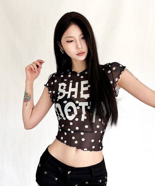 gossip!ロサンゼルス(ゴシップロサンゼルス)の「「Y2Kガーリー」 シアー ドット柄 チュール 半袖(Tシャツ/カットソー・レディース・ドット/ブラック・M)」の12枚目の写真