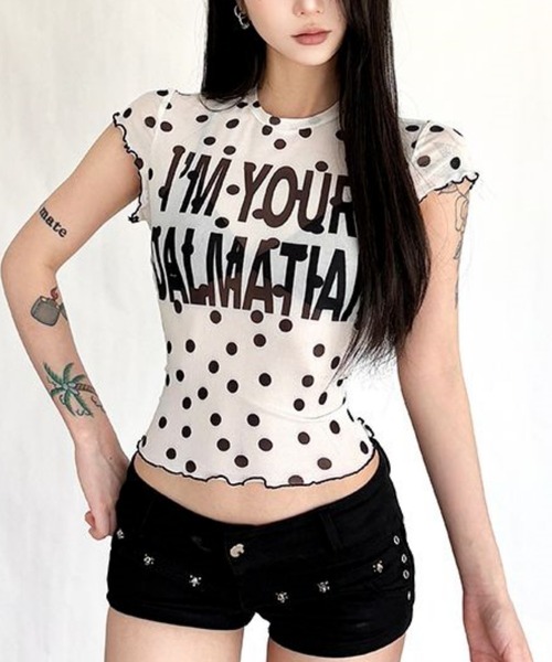 gossip!ロサンゼルス(ゴシップロサンゼルス)の「「Y2Kガーリー」 シアー ドット柄 チュール 半袖(Tシャツ/カットソー・レディース・ドット/ブラック・M)」の8枚目の写真