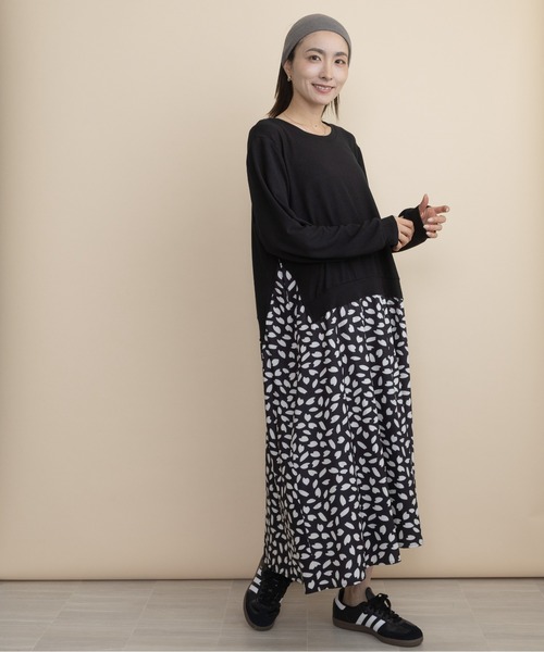 lodie(ロディ)の「【ドッキング】ニット×リーフプリント コンビワンピース(ワンピース・レディース・ネイビー/ブラック・FREE)」の1枚目の写真