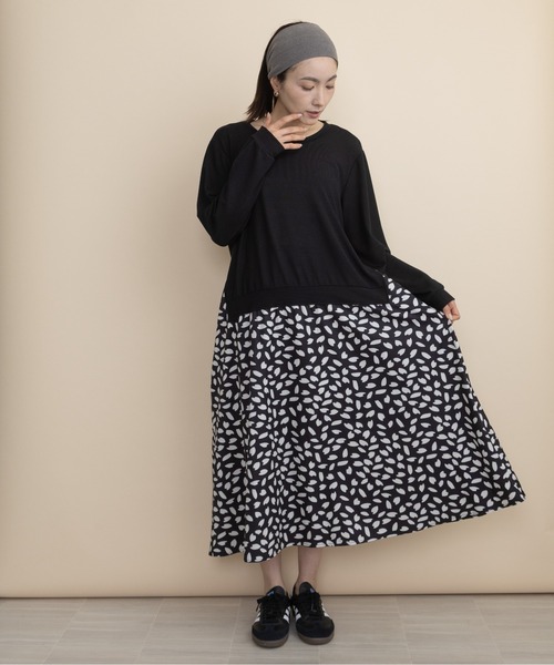 lodie(ロディ)の「【ドッキング】ニット×リーフプリント コンビワンピース(ワンピース・レディース・ネイビー/ブラック・FREE)」の6枚目の写真