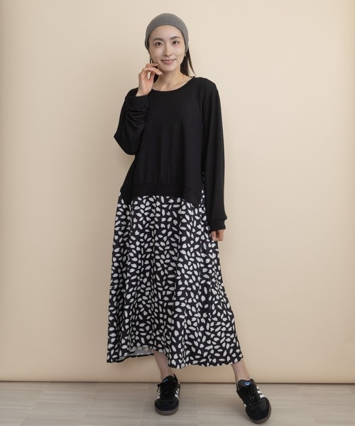 lodie(ロディ)の「【ドッキング】ニット×リーフプリント コンビワンピース(ワンピース・レディース・ネイビー/ブラック・FREE)」の8枚目の写真