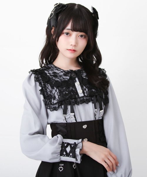 DearMyLove（ディアマイラブ）の「レースアップリボンフリルトップス（シャツ/ブラウス・レディース・ホワイト×ブラック/ベビーピンク/ブルーグレー・MEDIUM/LARGE/3L）」の3枚目の写真
