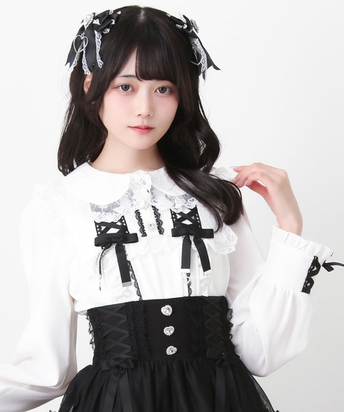 DearMyLove（ディアマイラブ）の「レースアップリボンフリルトップス（シャツ/ブラウス・レディース・ホワイト×ブラック/ベビーピンク/ブルーグレー・MEDIUM/LARGE/3L）」の6枚目の写真