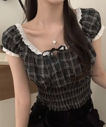 チェック柄レーストリムショート丈ブラウス