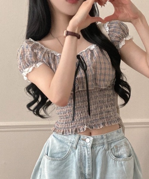 Aelina（エリナ）の「チェック柄レーストリムショート丈ブラウス（シャツ/ブラウス・レディース・ブラック/ピンクベージュ・FREE）」の16枚目の写真