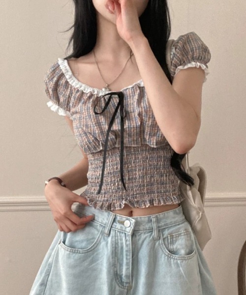 Aelina（エリナ）の「チェック柄レーストリムショート丈ブラウス（シャツ/ブラウス・レディース・ブラック/ピンクベージュ・FREE）」の19枚目の写真