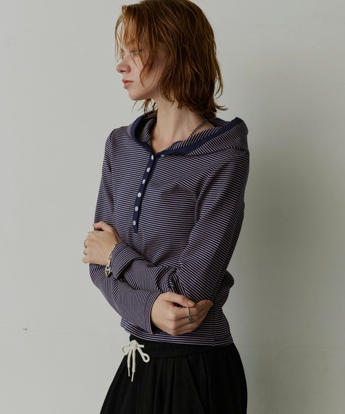 uchi.(ウチ)の「薄ポンチマイクロボーダーヘンリーネックフーディトップス(Tシャツ/カットソー・レディース・ブラウン/ネイビー・FREE)」の11枚目の写真