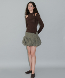 MIXED CHECK BALLOON SKIRT, GREY