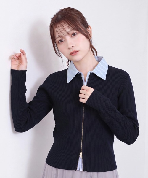 ASTORIA ODIER(アストリアオディール)の「【300/365ニット】Wジップシャツフェイク長袖リブニット(セーター/カーディガン/機能性素材/オフィス/休日)(ニット/セーター・レディース・ライトグレー/ブラック/ネイビー/ブラウン・MEDIUM/LARGE)」の4枚目の写真