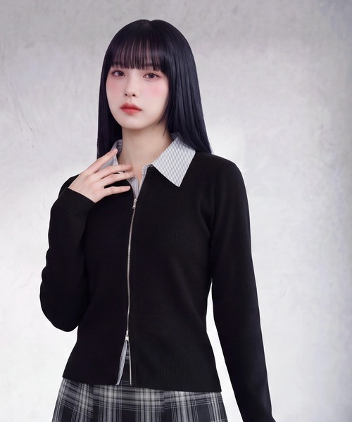 ASTORIA ODIER(アストリアオディール)の「【300/365ニット】Wジップシャツフェイク長袖リブニット(セーター/カーディガン/機能性素材/オフィス/休日)(ニット/セーター・レディース・ライトグレー/ブラック/ネイビー/ブラウン・MEDIUM/LARGE)」の2枚目の写真
