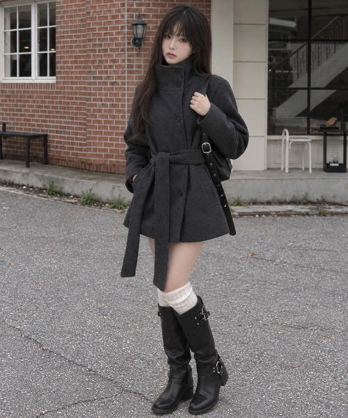 Aelina（エリナ）の「ステンカラーシングルブレストメルトンコートベルト付き（ステンカラーコート・レディース・チャコールグレー/モカ/ライトベージュ・FREE）」の5枚目の写真