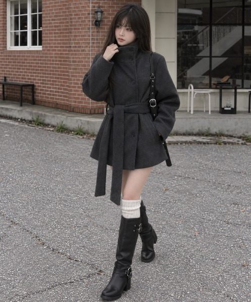 Aelina（エリナ）の「ステンカラーシングルブレストメルトンコートベルト付き（ステンカラーコート・レディース・チャコールグレー/モカ/ライトベージュ・FREE）」の6枚目の写真