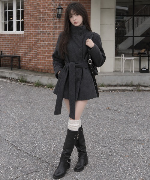 Aelina（エリナ）の「ステンカラーシングルブレストメルトンコートベルト付き（ステンカラーコート・レディース・チャコールグレー/モカ/ライトベージュ・FREE）」の7枚目の写真