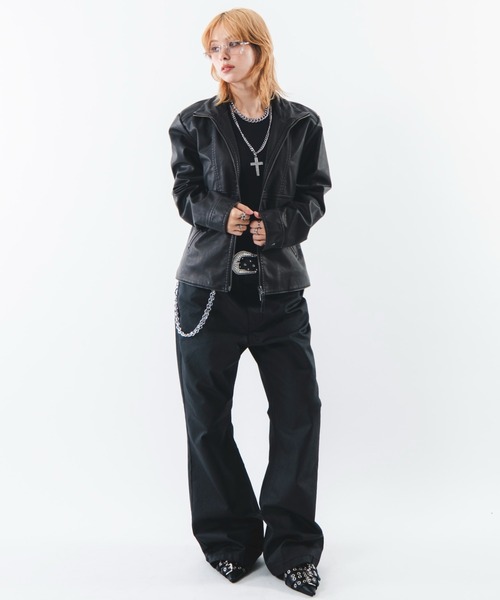 SHORT ROUND(ショートラウンド)の「SHORT ROUND/【26年秋冬新作】PUタイトフィットブルゾン(ライダースジャケット・メンズ・ブラック系その他・LARGE/MEDIUM)」の4枚目の写真