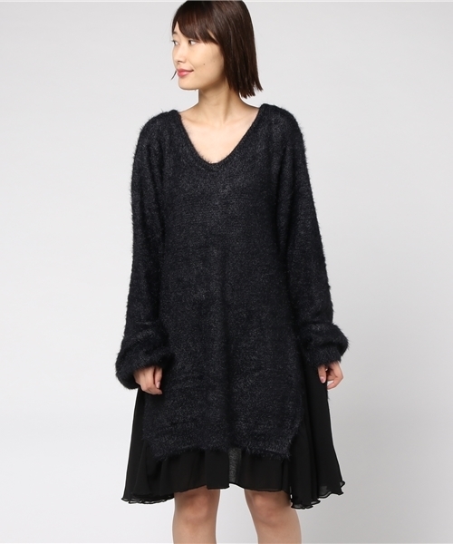 M me eme バックリボンシャギーニットワンピース MICOAMERI（ミコアメリ）の「バックチュールリボンシャギー