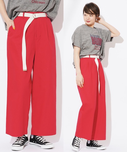 CIAOPANIC(チャオパニック)の「ベルト付き綿ツイルツータックワイドパンツ(その他パンツ・レディース・ベージュ/レッド/アイボリー・FREE)」の1枚目の写真