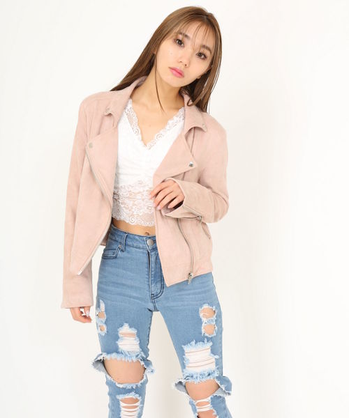 ENVYM（アンビー）の「Ｓｐｒｉｎｇ ｒｉｄｅｒｓ ＪＫ                      （ライダースジャケット・レディース・ブラック/ベージュ/ピンク・FREE）」の6枚目の写真