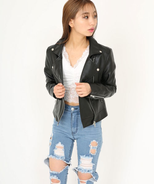 ENVYM（アンビー）の「Ｓｐｒｉｎｇ ｒｉｄｅｒｓ ＪＫ                      （ライダースジャケット・レディース・ブラック/ベージュ/ピンク・FREE）」の7枚目の写真