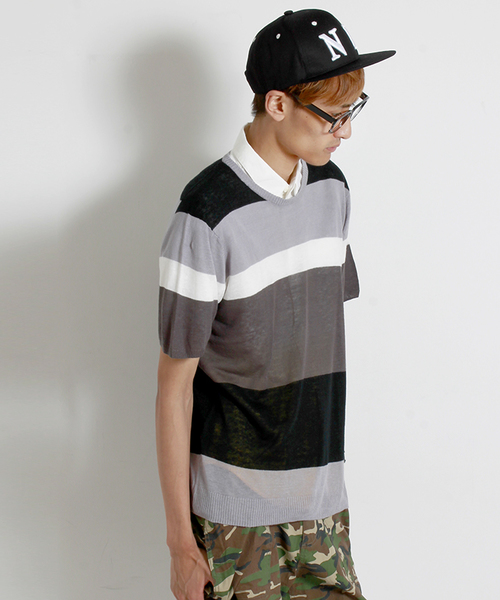 WEGO(ウィゴー)の「WEGO/ボーダー半袖ニットソー(ニット/セーター・メンズ・ブラック/ブルー・LARGE/MEDIUM)」の2枚目の写真