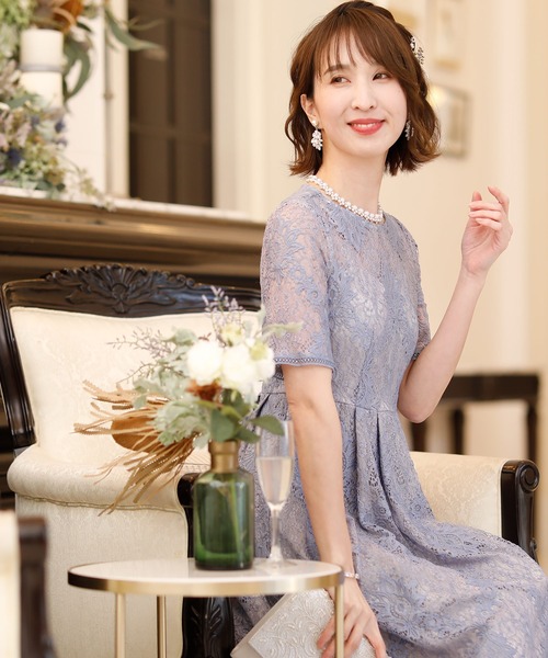 PourVous(プールヴー)の「キャミドッキング レース ワンピースドレス 袖あり&ロング 結婚式 フォーマル オケージョンドレス お呼ばれ 二次会 成人式 (ドレス・レディース・ピンクベージュ/ブルーグレー/グレイッシュベージュ/ネイビー・M)」の6枚目の写真