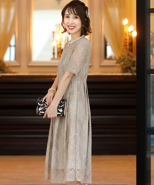 PourVous(プールヴー)の「キャミドッキング レース ワンピースドレス 袖あり&ロング 結婚式 フォーマル オケージョンドレス お呼ばれ 二次会 成人式 (ドレス・レディース・ピンクベージュ/ブルーグレー/グレイッシュベージュ/ネイビー・M)」の8枚目の写真
