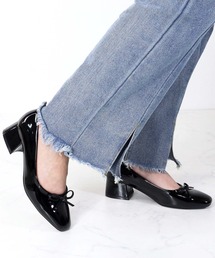 Liberty doll / スクエアトゥ 4.5cmチャンキーヒール バレエパンプス レディース リボンパンプス ローヒール 太ヒール エナメル バレエコア 韓国ファッション オフィス オケージョン 美脚(1155)