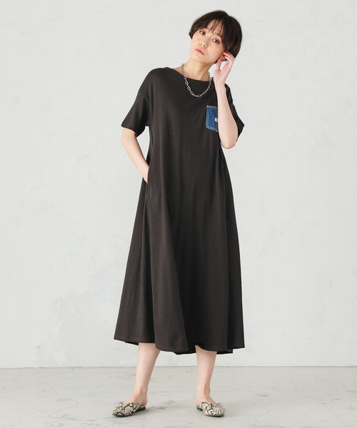 Lee（リー）の「Lee/リー  デニムポケット　カットソーワンピース（チュニック・レディース・ブラック/ブラウン/オフホワイト・FREE）」の2枚目の写真