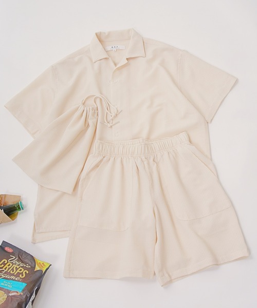 Blue Standard （ブルースタンダード）の「【セットアップ】【BLUE STANDARD】シアサッカー無地オープンシャツ×ショートパンツ（シャツ/ブラウス・メンズ・チャコールグレー/ネイビー/カーキ/アイボリー・MEDIUM/LARGE/X-LARGE）」の3枚目の写真