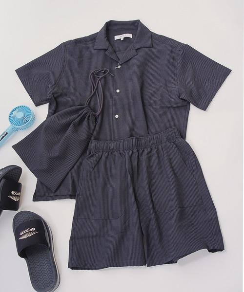 Blue Standard （ブルースタンダード）の「【セットアップ】【BLUE STANDARD】シアサッカー無地オープンシャツ×ショートパンツ（シャツ/ブラウス・メンズ・チャコールグレー/ネイビー/カーキ/アイボリー・MEDIUM/LARGE/X-LARGE）」の2枚目の写真