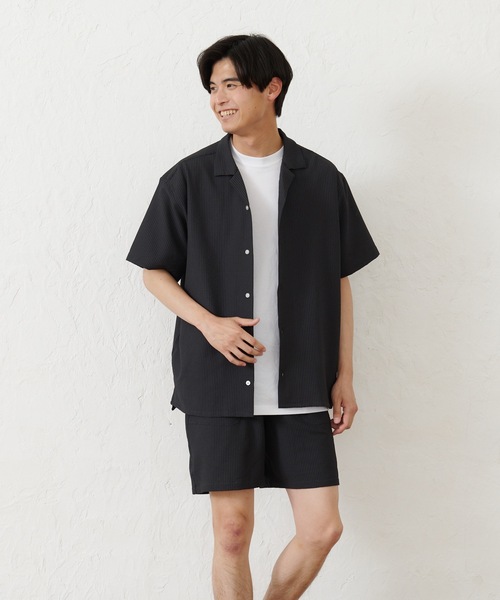 Blue Standard （ブルースタンダード）の「【セットアップ】【BLUE STANDARD】シアサッカー無地オープンシャツ×ショートパンツ（シャツ/ブラウス・メンズ・チャコールグレー/ネイビー/カーキ/アイボリー・MEDIUM/LARGE/X-LARGE）」の9枚目の写真