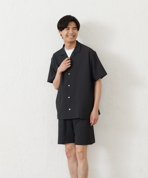 Blue Standard （ブルースタンダード）の「【セットアップ】【BLUE STANDARD】シアサッカー無地オープンシャツ×ショートパンツ（シャツ/ブラウス・メンズ・チャコールグレー/ネイビー/カーキ/アイボリー・MEDIUM/LARGE/X-LARGE）」の10枚目の写真