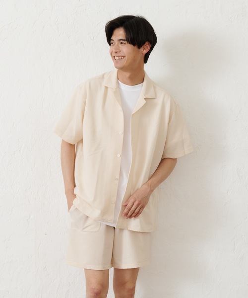 Blue Standard （ブルースタンダード）の「【セットアップ】【BLUE STANDARD】シアサッカー無地オープンシャツ×ショートパンツ（シャツ/ブラウス・メンズ・チャコールグレー/ネイビー/カーキ/アイボリー・MEDIUM/LARGE/X-LARGE）」の16枚目の写真