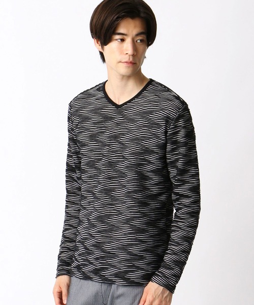 NICOLE CLUB FOR MEN（ニコルクラブフォーメン）の「ウェーブブリスタージャカードＶネックプルオーバー（Tシャツ/カットソー・メンズ・ブラウン系その他/ホワイト×ブラック/グレー系その他/ブラック系その他・LL/M/L）」の2枚目の写真