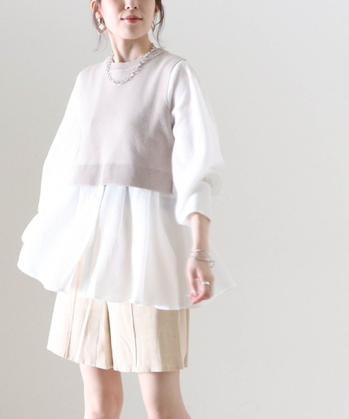 Cheek（チーク）の「ニットベストＳＥＴバンドカラーブラウス（シャツ/ブラウス・レディース・オフホワイト/ブラック/アイボリー・FREE）」の4枚目の写真