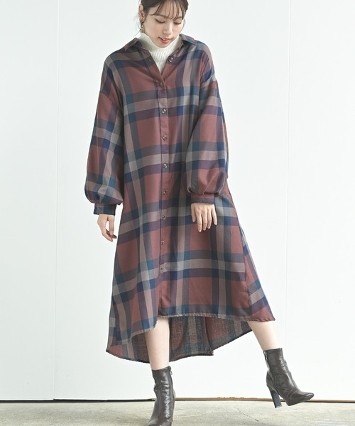 rps（アールピーエス）の「ボリューム袖チェックシャツワンピース（ワンピース・レディース・ブルー/ブラウン/パープル/オレンジ・M）」の2枚目の写真