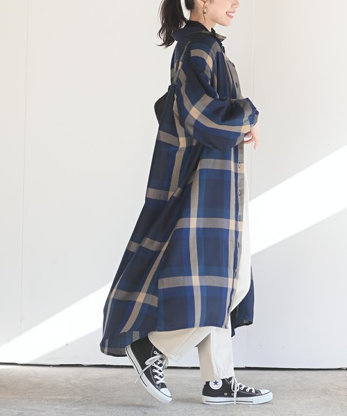 rps（アールピーエス）の「ボリューム袖チェックシャツワンピース（ワンピース・レディース・ブルー/ブラウン/パープル/オレンジ・M）」の3枚目の写真