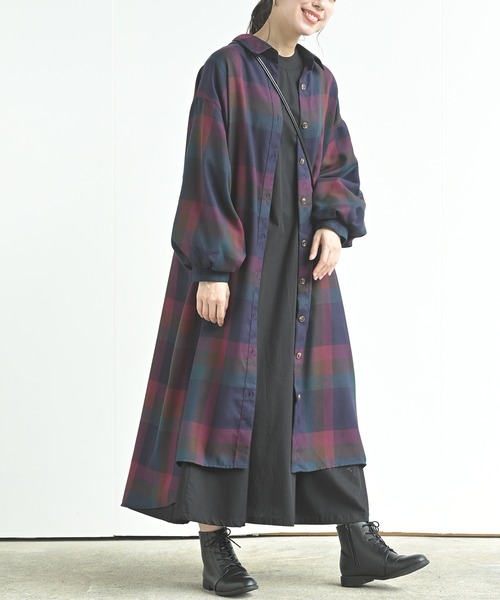 rps（アールピーエス）の「ボリューム袖チェックシャツワンピース（ワンピース・レディース・ブルー/ブラウン/パープル/オレンジ・M）」の5枚目の写真