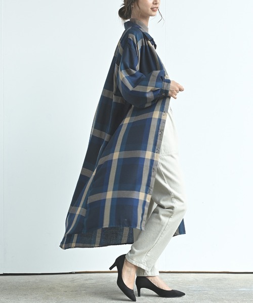 rps（アールピーエス）の「ボリューム袖チェックシャツワンピース（ワンピース・レディース・ブルー/ブラウン/パープル/オレンジ・M）」の16枚目の写真