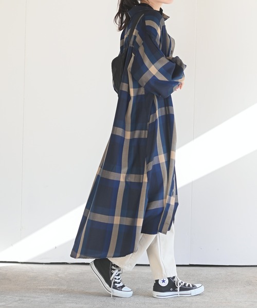 rps（アールピーエス）の「ボリューム袖チェックシャツワンピース（ワンピース・レディース・ブルー/ブラウン/パープル/オレンジ・M）」の7枚目の写真