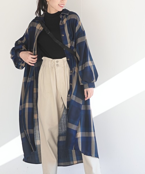 rps（アールピーエス）の「ボリューム袖チェックシャツワンピース（ワンピース・レディース・ブルー/ブラウン/パープル/オレンジ・M）」の8枚目の写真