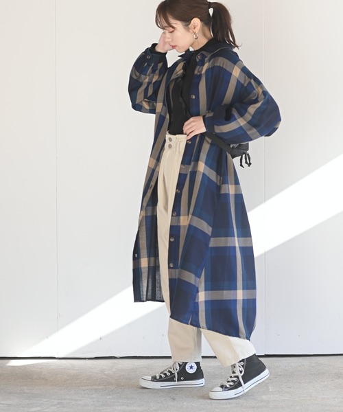 rps（アールピーエス）の「ボリューム袖チェックシャツワンピース（ワンピース・レディース・ブルー/ブラウン/パープル/オレンジ・M）」の9枚目の写真