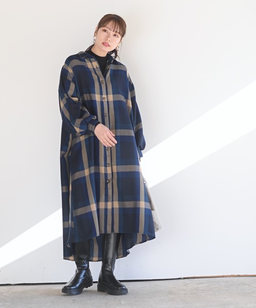 rps（アールピーエス）の「ボリューム袖チェックシャツワンピース（ワンピース・レディース・ブルー/ブラウン/パープル/オレンジ・M）」の14枚目の写真