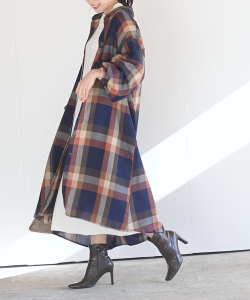 rps（アールピーエス）の「ボリューム袖チェックシャツワンピース（ワンピース・レディース・ブルー/ブラウン/パープル/オレンジ・M）」の18枚目の写真