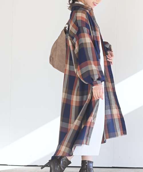 rps（アールピーエス）の「ボリューム袖チェックシャツワンピース（ワンピース・レディース・ブルー/ブラウン/パープル/オレンジ・M）」の19枚目の写真