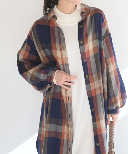 rps（アールピーエス）の「ボリューム袖チェックシャツワンピース（ワンピース・レディース・ブルー/ブラウン/パープル/オレンジ・M）」の21枚目の写真