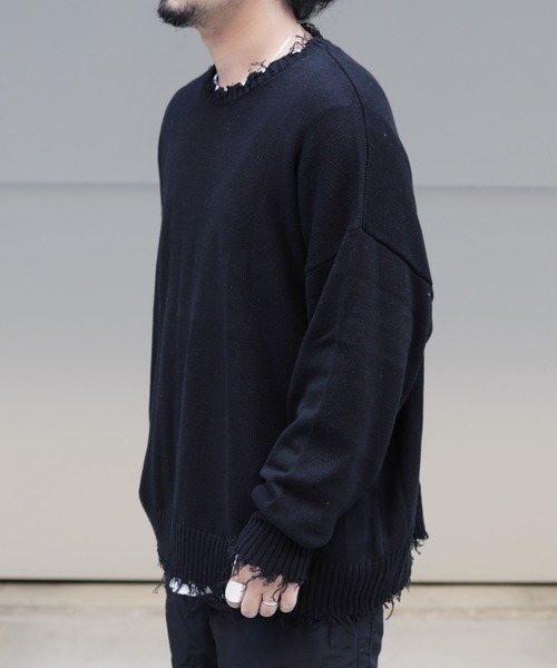 Lulu ＆ Arnie（るるあんどあーにー）の「オーバーサイズ クルーネック ダメージ ニット セーター（ニット/セーター・メンズ・ホワイト/ブラック/ブラウン・MEDIUM/LARGE）」の20枚目の写真